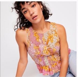 Free People Sounds Like Summer Smocked Crop Top Pink Yellow Floral XS Stretch